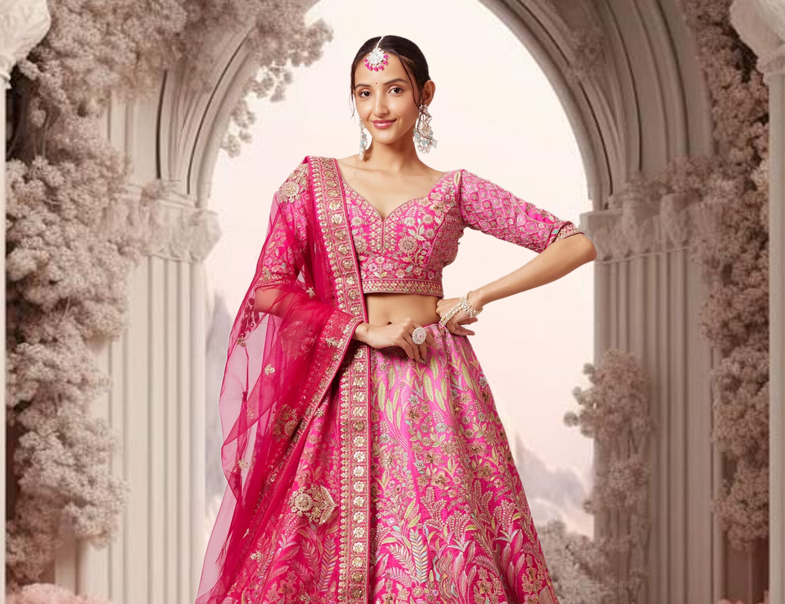 Woman flaunting a stylish pink lehenga paired with a contrasting red dupatta for a bold wedding look.